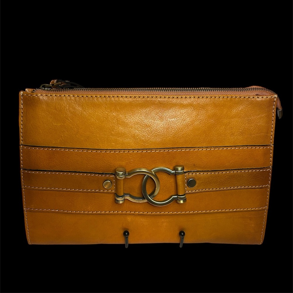 Tan Leather Clutch with Gold Hardware and Structured Design
